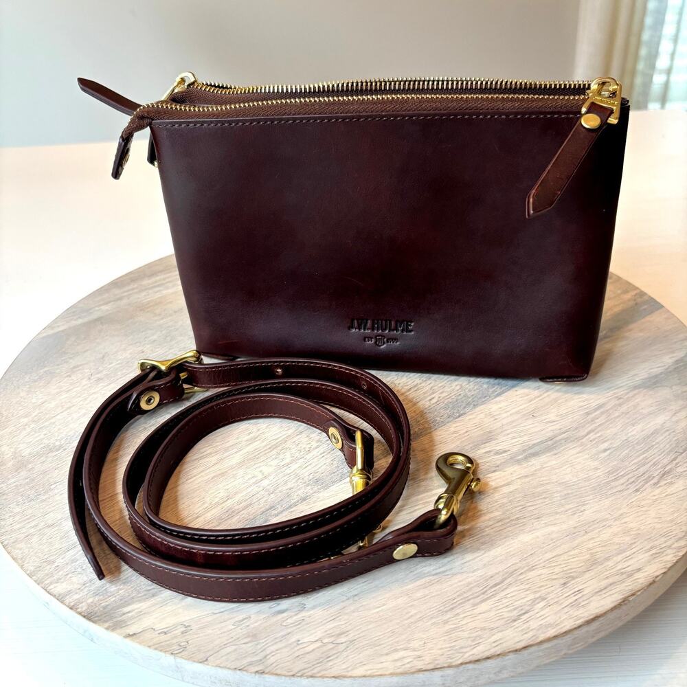 Vintage J.W. Hulme Brown Leather Crossbody Clutch Bag Double Zip Strap USA Made